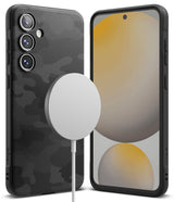 Galaxy S24 FE Case | Onyx Magnetic - Black camo phone case with magnetic charger and front view of phone screen.