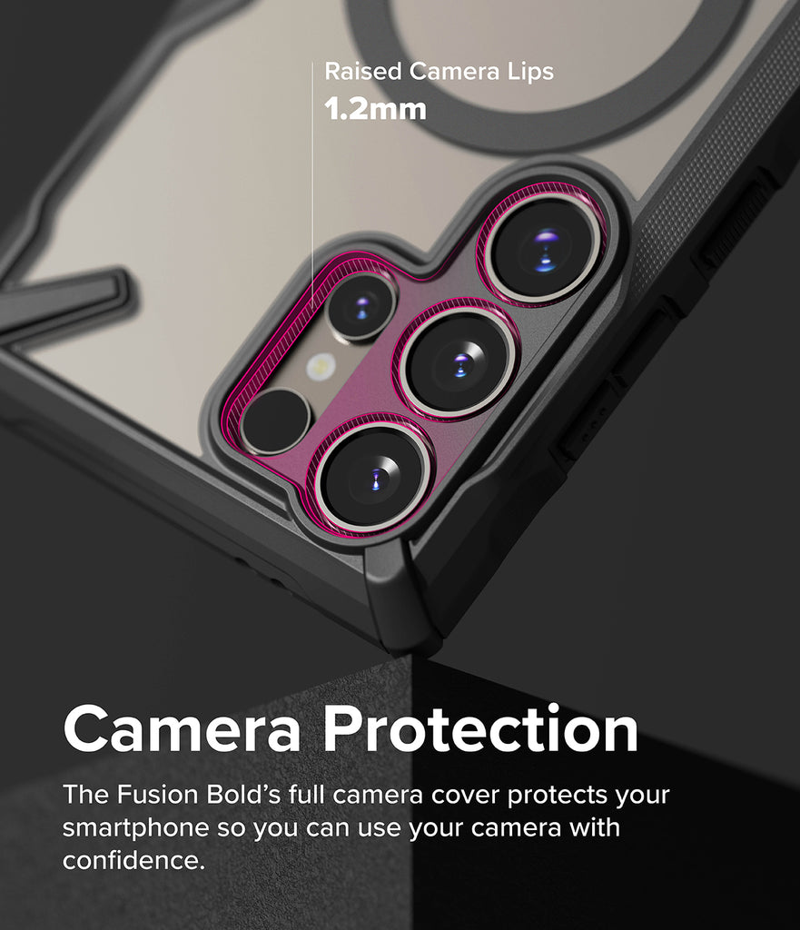 Galaxy S24 Ultra Case | Fusion-X Magnetic Matte - Camera Protection. The Fusion Bold's full camera cover protects your smartphone so you can use your camera with confidence.