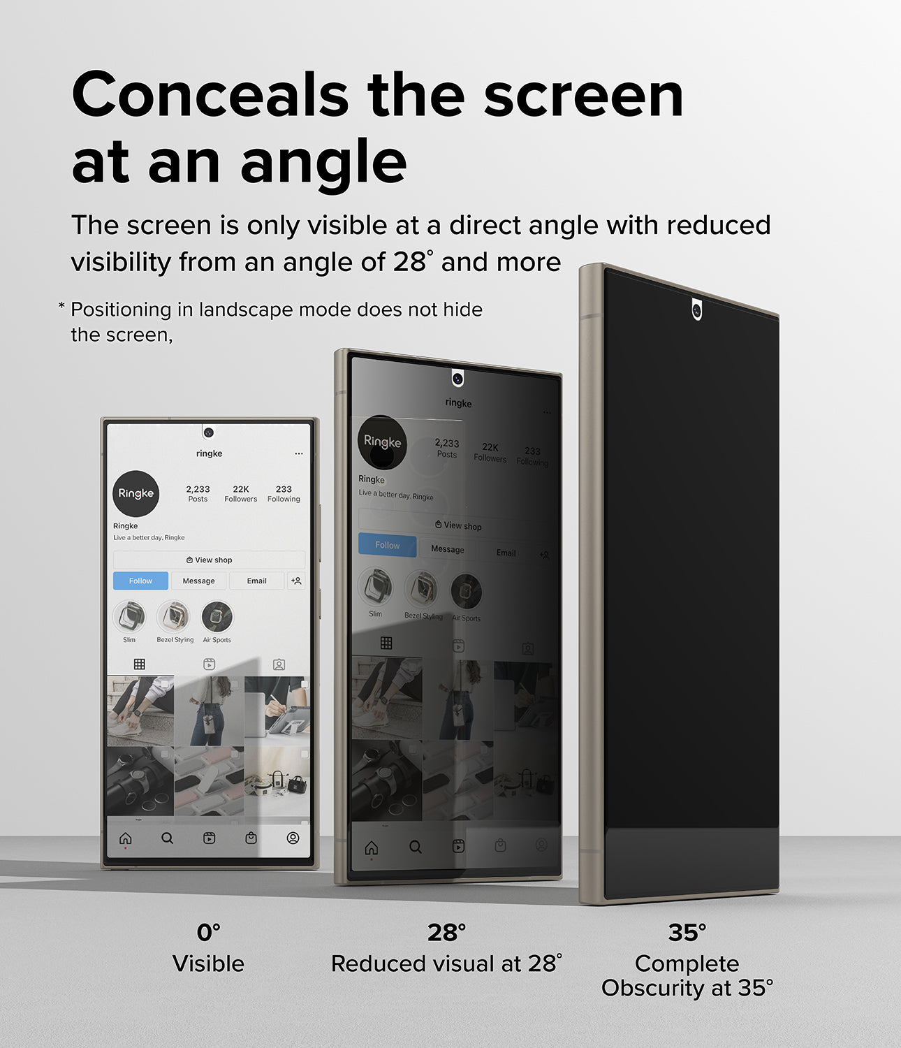Galaxy S24 Ultra Screen Protector | Privacy Dual Easy Film - Conceal the screen at an angle. The screen is only visible at a direct angle with reduced visibility from an angle of 28 degrees or more.
