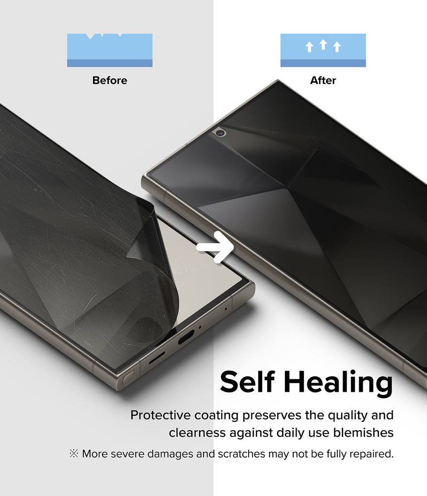 Galaxy S24 Ultra Screen Protector | Privacy Dual Easy Film - Self Healing. Protective coating preserves the quality and clearness against daily use blemishes.