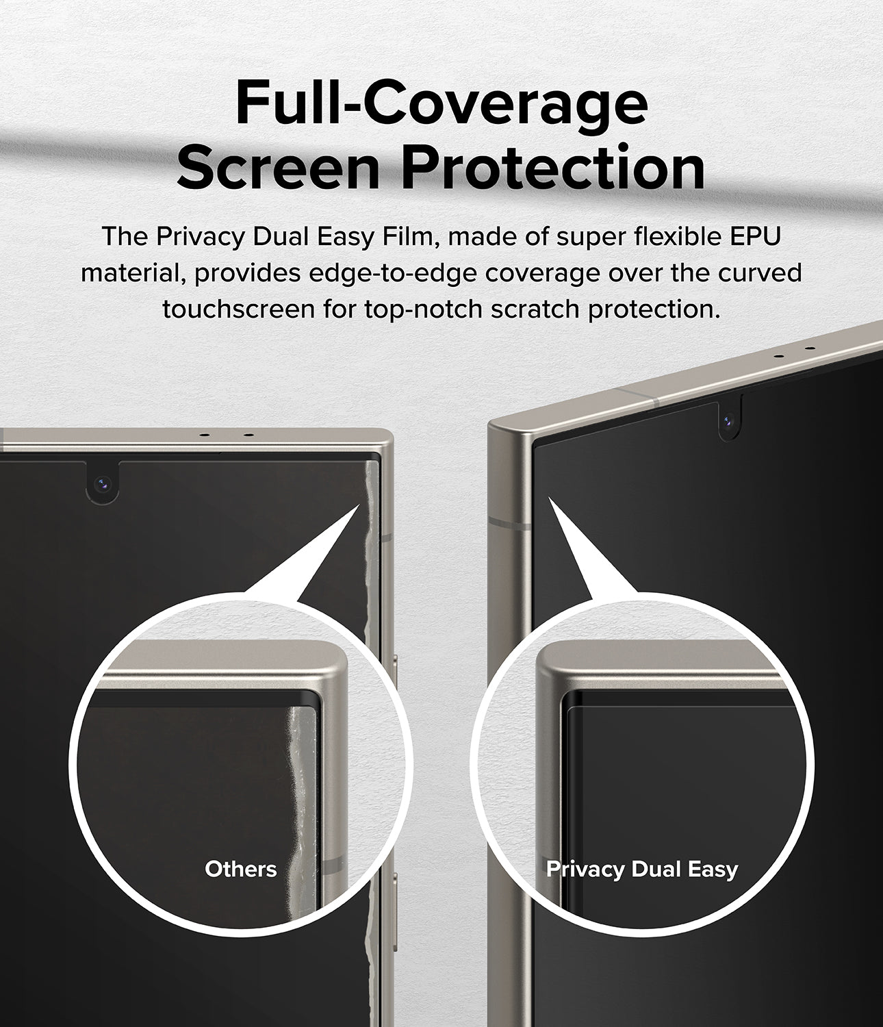Galaxy S24 Ultra Screen Protector | Privacy Dual Easy Film - Full Coverage Screen Protection. The privacy Dual Easy Film. made a super flexible EPU material. provides edge-to-edge coverage over the curved touchscreen for top-notch scratch protection