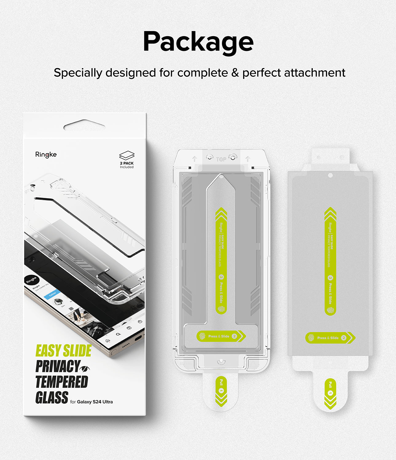 Galaxy S24 Ultra Screen Protector | Easy Slide Privacy Tempered Glass - Package.