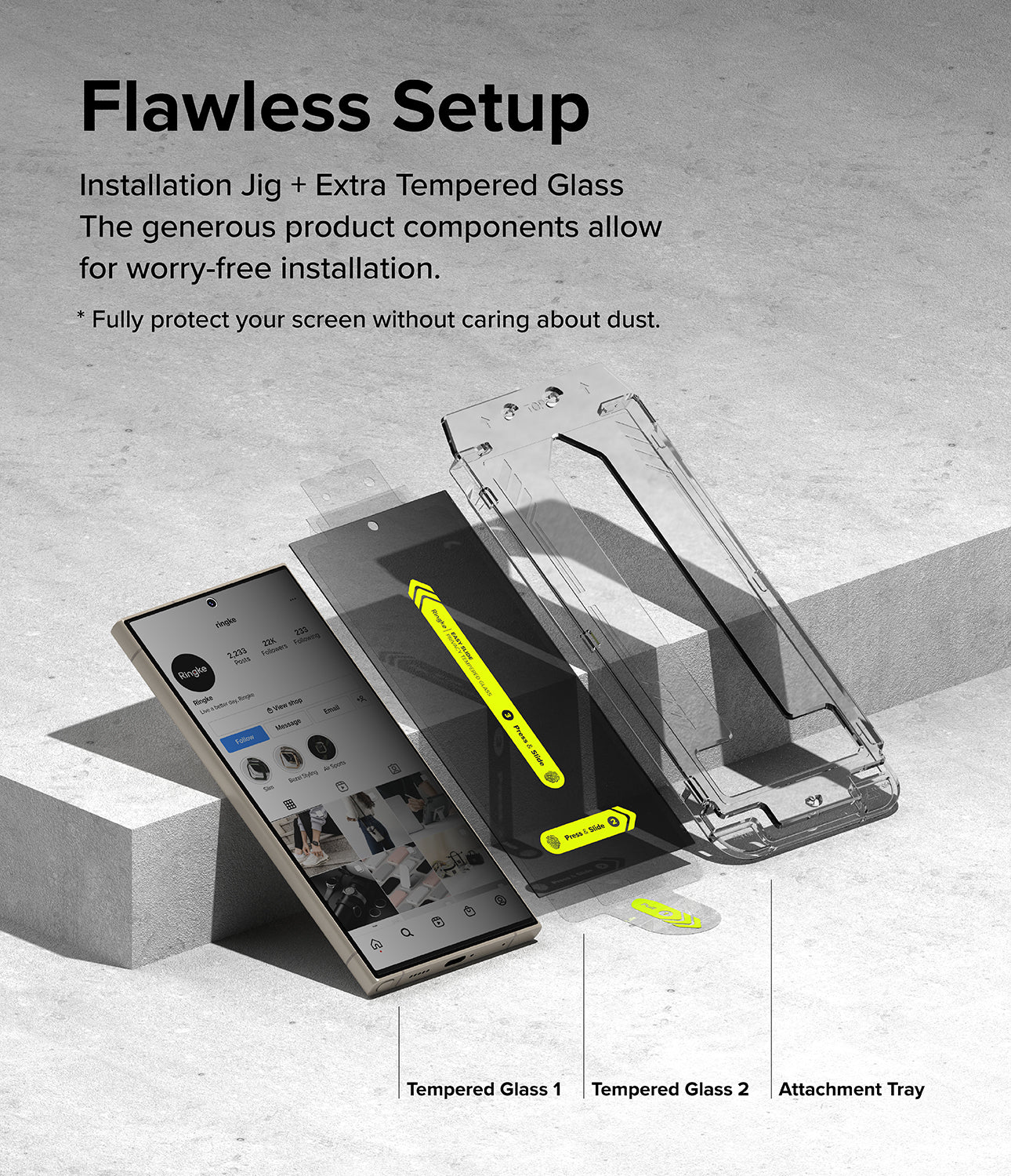 Galaxy S24 Ultra Screen Protector | Easy Slide Privacy Tempered Glass - Flawless Setup. Installation Jig + Extra Tempered Glass. The generous product components allow for worry-free installation.