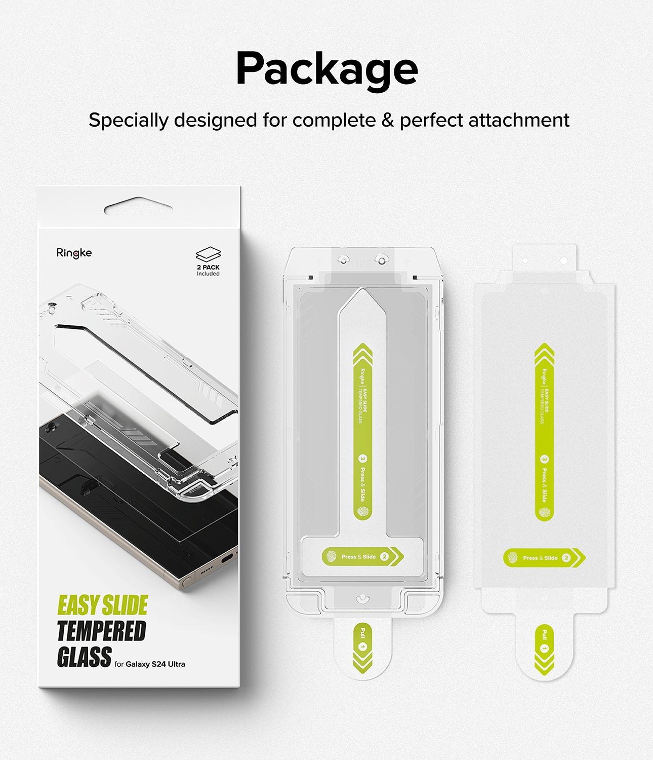 Galaxy S24 Ultra Screen Protector | Easy Slide Tempered Glass - Package. Specially designed for complete and perfect attachment.