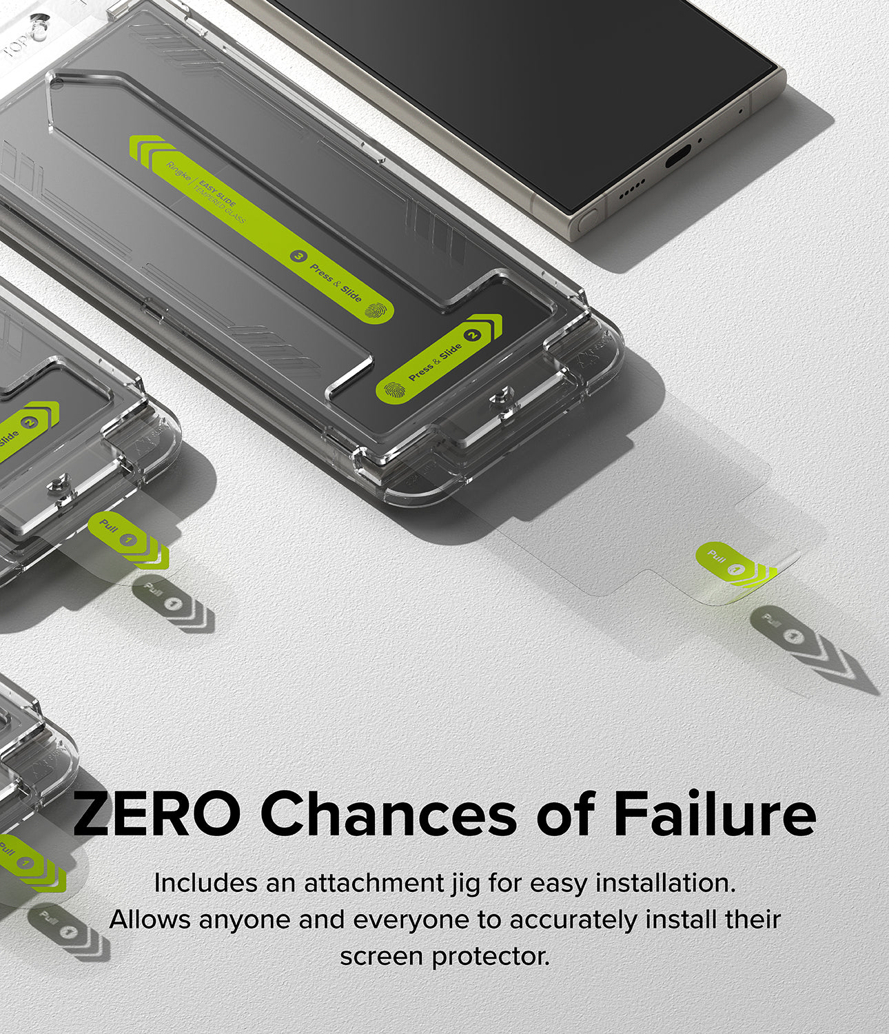 Galaxy S24 Ultra Screen Protector | Easy Slide Tempered Glass - Zero Chances of Failure. Includes an attachment jig for easy installation. Allows anyone and everyone to accurately install their screen protector.