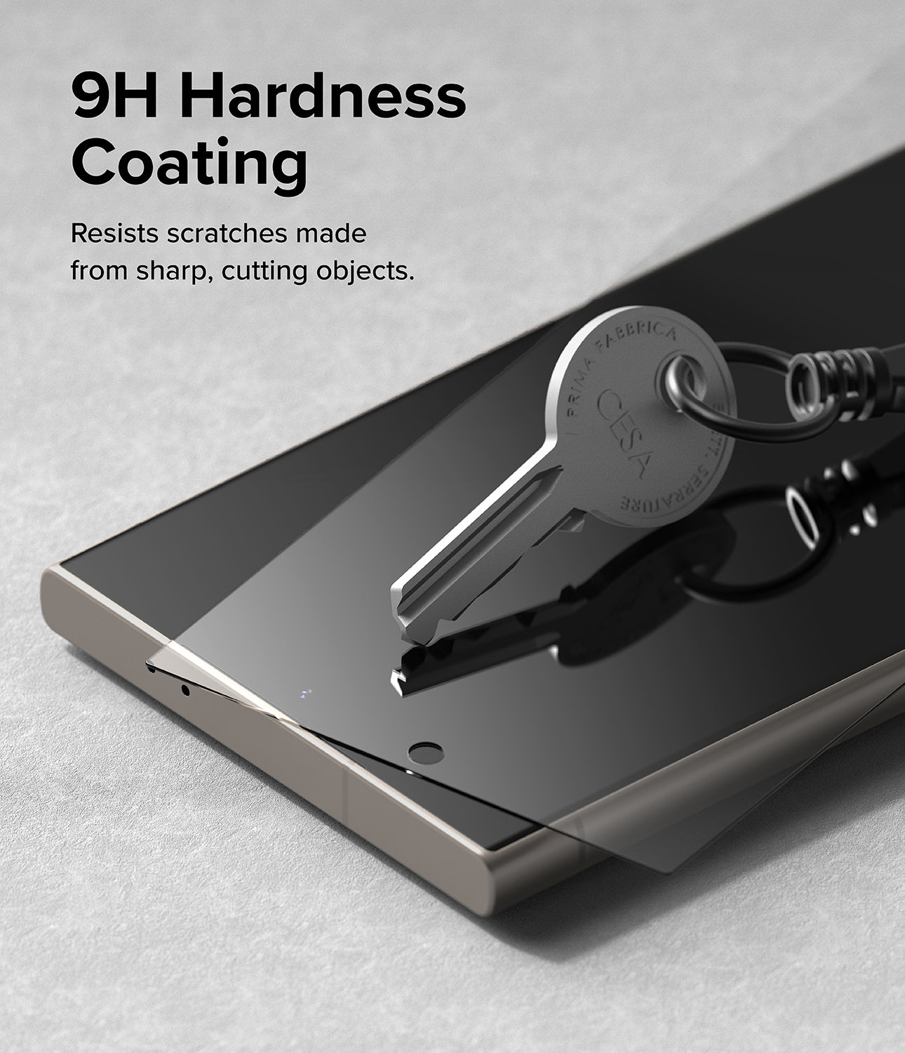 Galaxy S24 Ultra Screen Protector | Easy Slide Tempered Glass - 9H Hardness Coating. Resists scratches made from sharp, cutting objects.