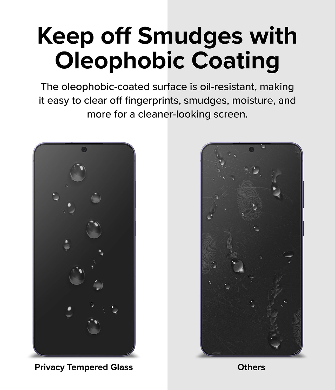 Galaxy S24 Screen Protector | Easy Slide Privacy Tempered Glass - Keep off smudges with oleophobic coating. The oleophobic-coated surface is oil-resistant, making it easy to clear off fingerprints, smudges, moisture, and more for a cleaner-looking screen.