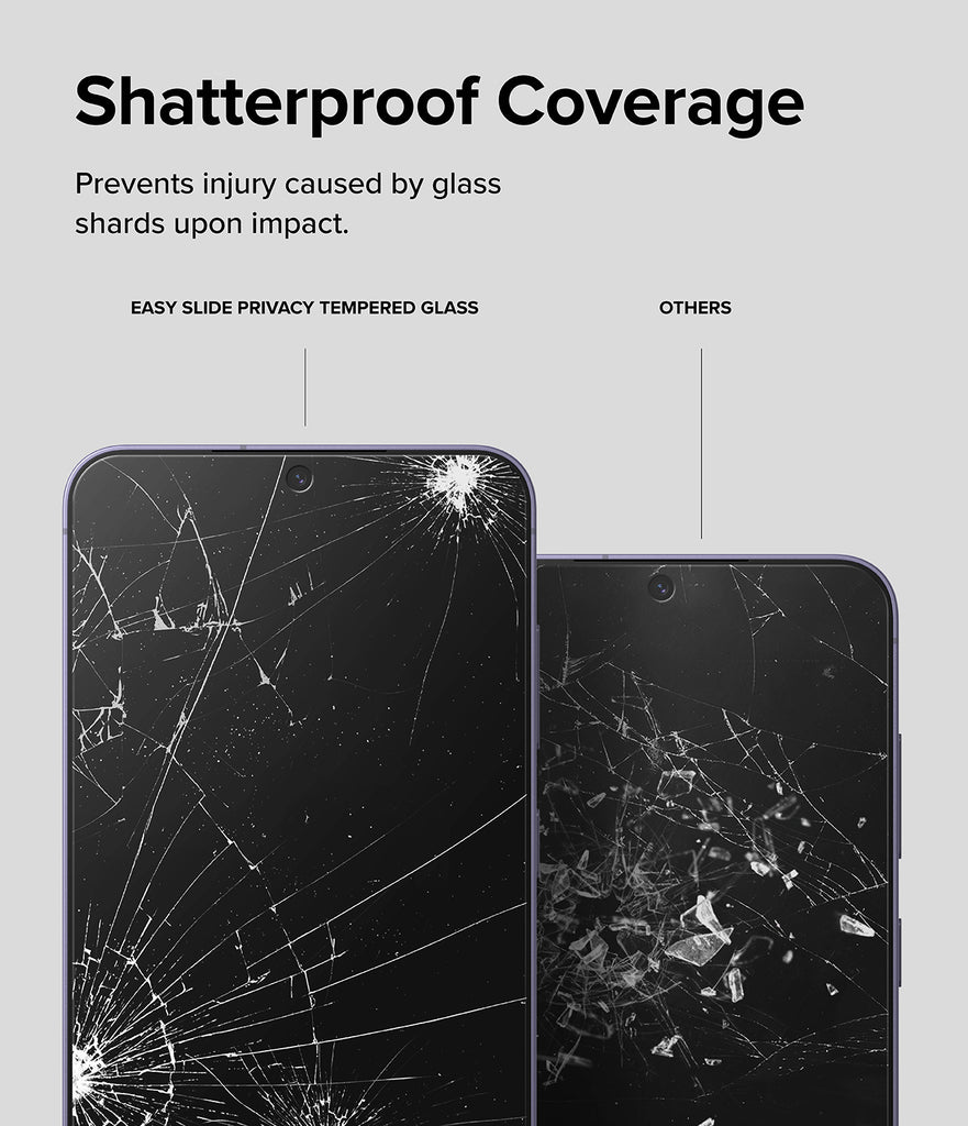Galaxy S24 Screen Protector | Easy Slide Privacy Tempered Glass - Shatterproof Coverage. Prevents injury caused by glass shards upon impact