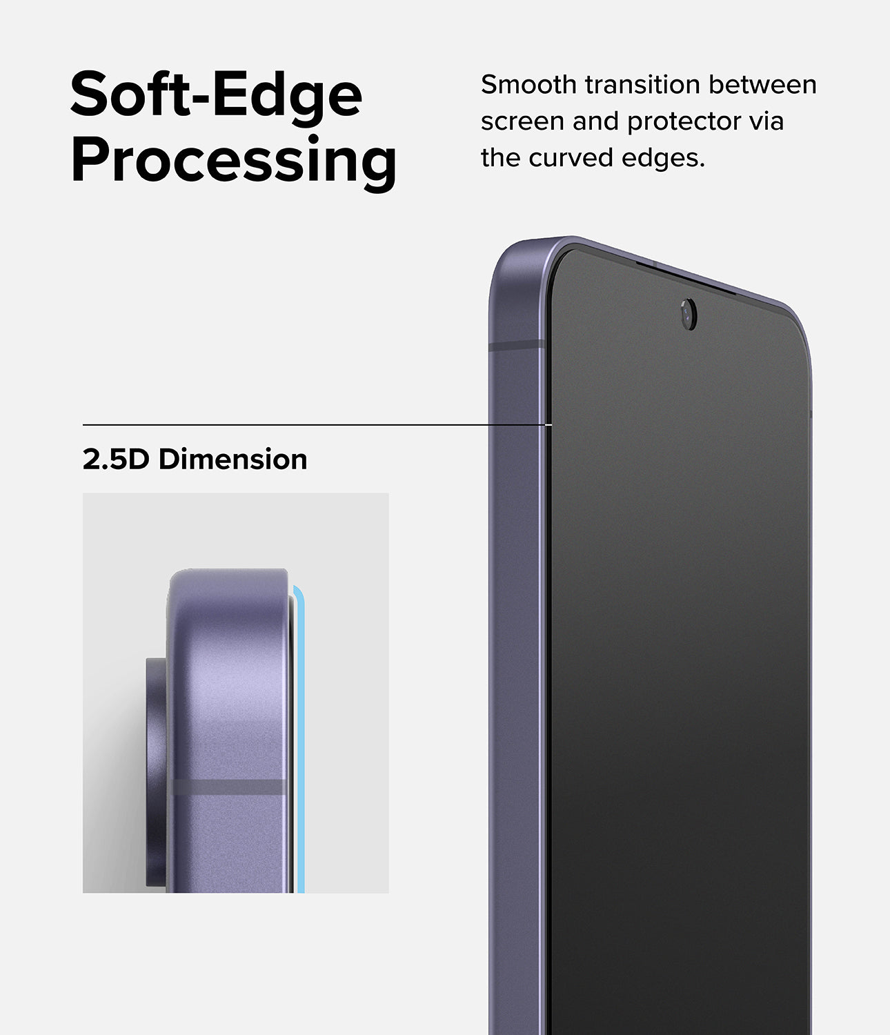 Bảo vệ màn hình Galaxy S24 | Kính cường lực bảo mật trượt dễ dàng - Xử lý cạnh mềm. Chuyển tiếp mượt mà giữa màn hình và miếng bảo vệ thông qua các cạnh cong.