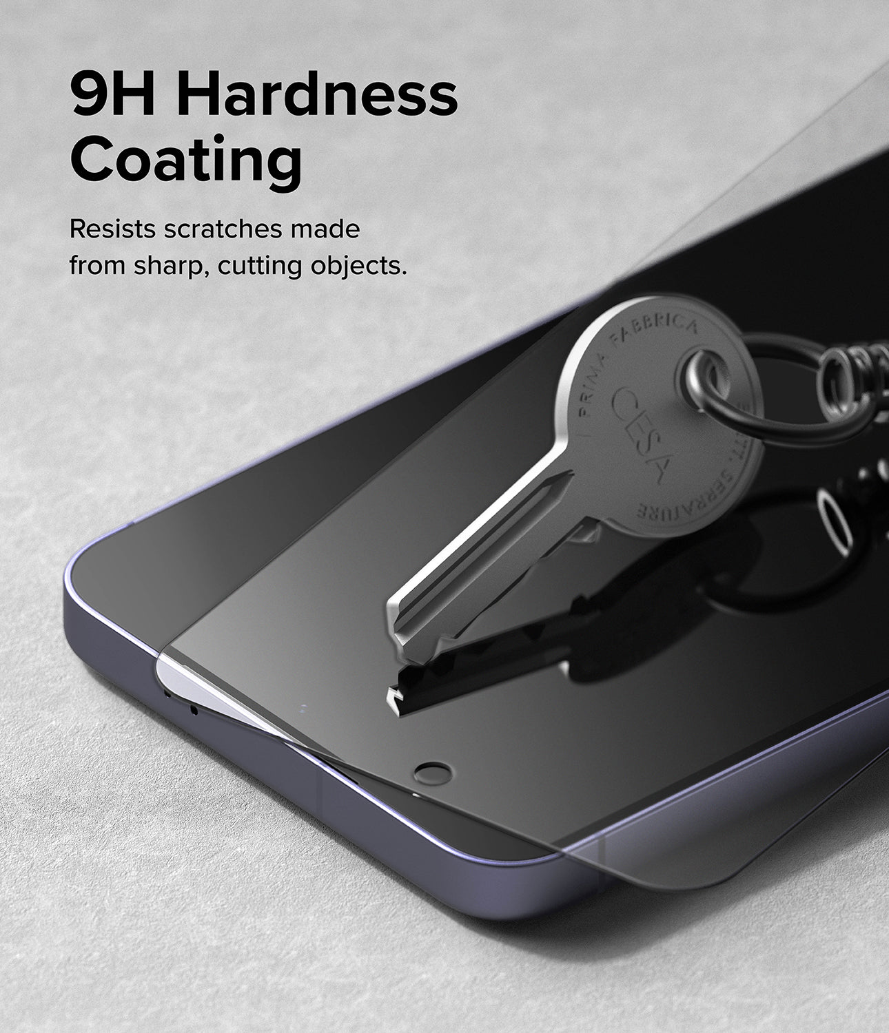 Galaxy S24 Screen Protector | Easy Slide Tempered Glass - 9H Hardness Coating. Resists scratches made from sharp, cutting objects.