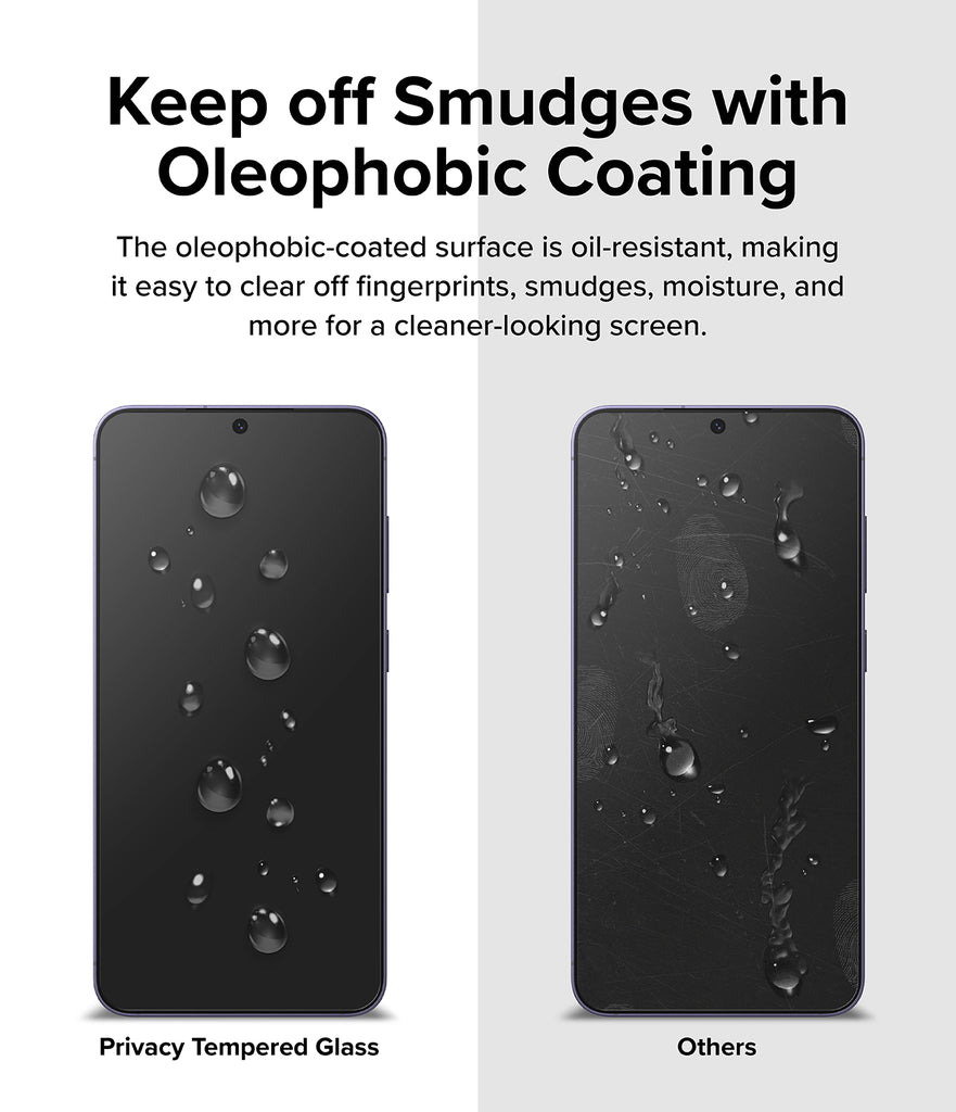 Galaxy S24 Plus Screen Protector | Easy Slide Privacy Tempered Glass - Keep off Smudges with Oleophobic Coating. The oleophobic-coated surface is oil-resistant, making it easy to clear off fingerprints, smudges, moisture, and more for a cleaner-looking screen.