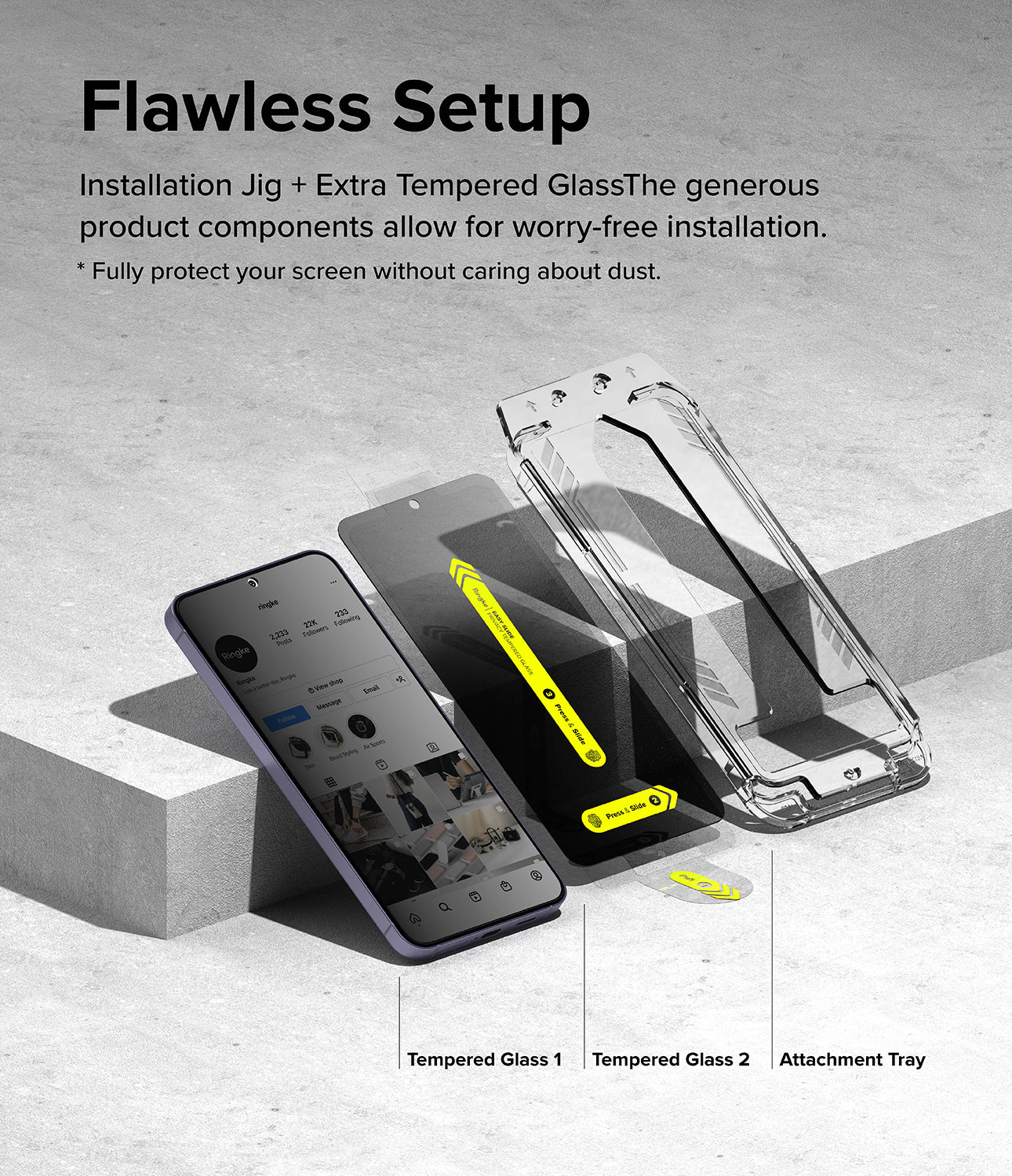 Galaxy S24 Plus Screen Protector | Easy Slide Privacy Tempered Glass - Flawless Setup. Installation Jig + Extra Tempered Glass The generous product components allow for worry-free installation.