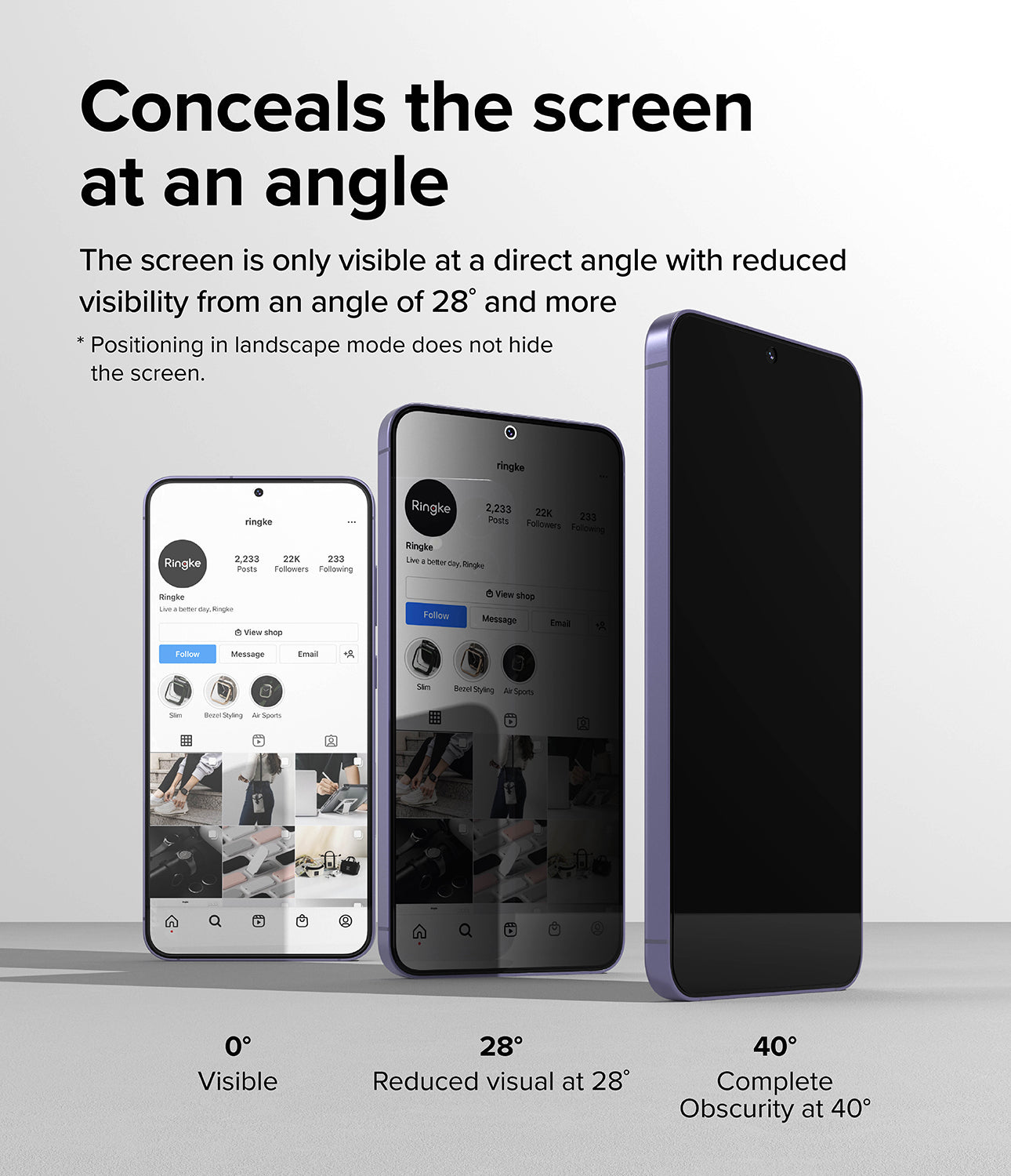 Galaxy S24 Plus Screen Protector | Easy Slide Privacy Tempered Glass - Conceal the screen at an angle. The screen is only visible at a direct angle with reduced visibility from an angle of 28 degrees and more.