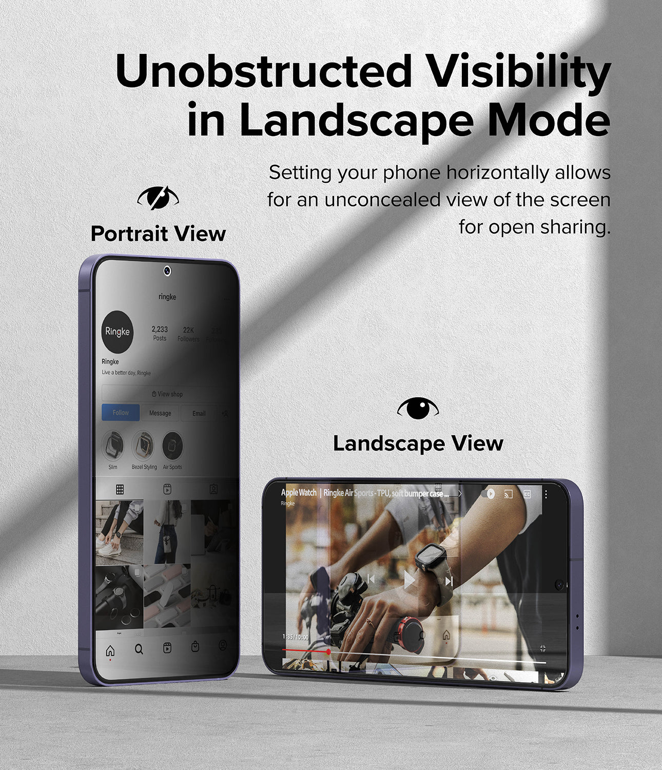 Galaxy S24 Plus Screen Protector | Easy Slide Privacy Tempered Glass - Unobstructed Visibility in Landscape Mode. Setting your phone horizontally allows for an unconcealed view of the screen for open sharing.
