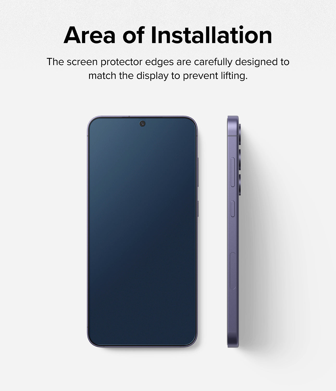 Galaxy S24 Plus Screen Protector | Easy Slide Tempered Glass - Area of Installation. The screen protector edges are carefully designed to match the display to prevent lifting.