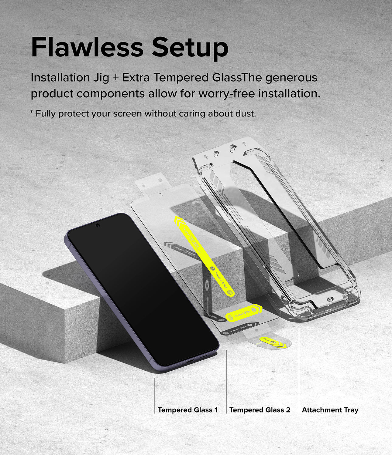 Galaxy S24 Plus Screen Protector | Easy Slide Tempered Glass - Flawless Setup. Installation Jig + Extra Tempered Glass. The generous product components allow for worry-free installation.