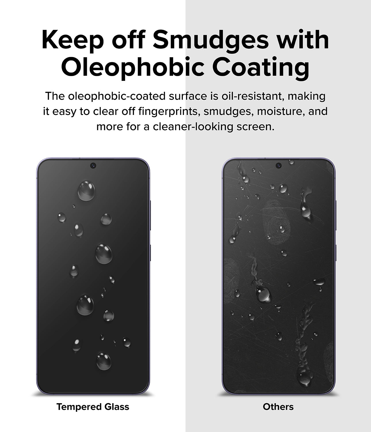 Galaxy S24 Plus Screen Protector | Easy Slide Tempered Glass - Keep off Smudges with Oleophobic Coating. The oleophobic-coated surface is oil-resistant, making it easy to clear off fingerprints, smudges, moisture, and more for a cleaner-looking screen.