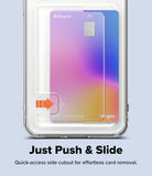 card holder with colorful card indicates push and slide function for effortless card removal