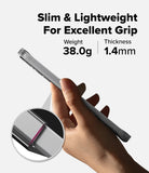 Hand holding a slim clear case with text on weight and thickness shows slim and enhanced grip feature