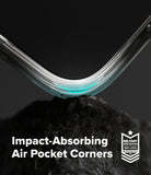 Phone case with impact-absorbing air pocket corners on a dark background