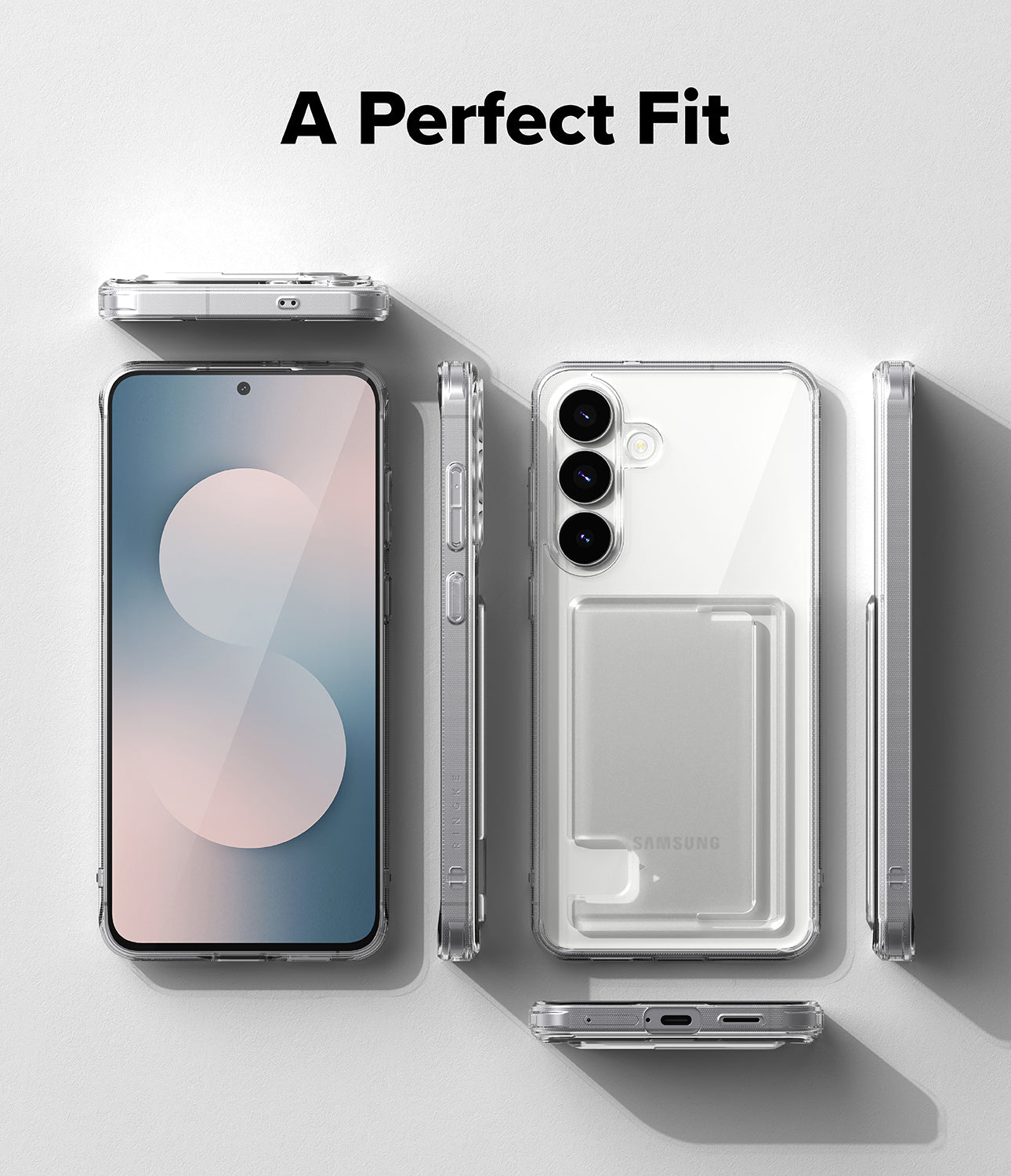 Smartphone with a clear protective case on a light gray background