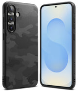 Galaxy S25 Case | Onyx - Front and back view of a black textured camouflage phone case on a Galaxy S25.