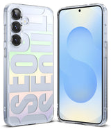 Galaxy S25 Case | Fusion Design - Clear phone case with a pastel gradient "SEOUL" graphic on the back, shown from front and back.