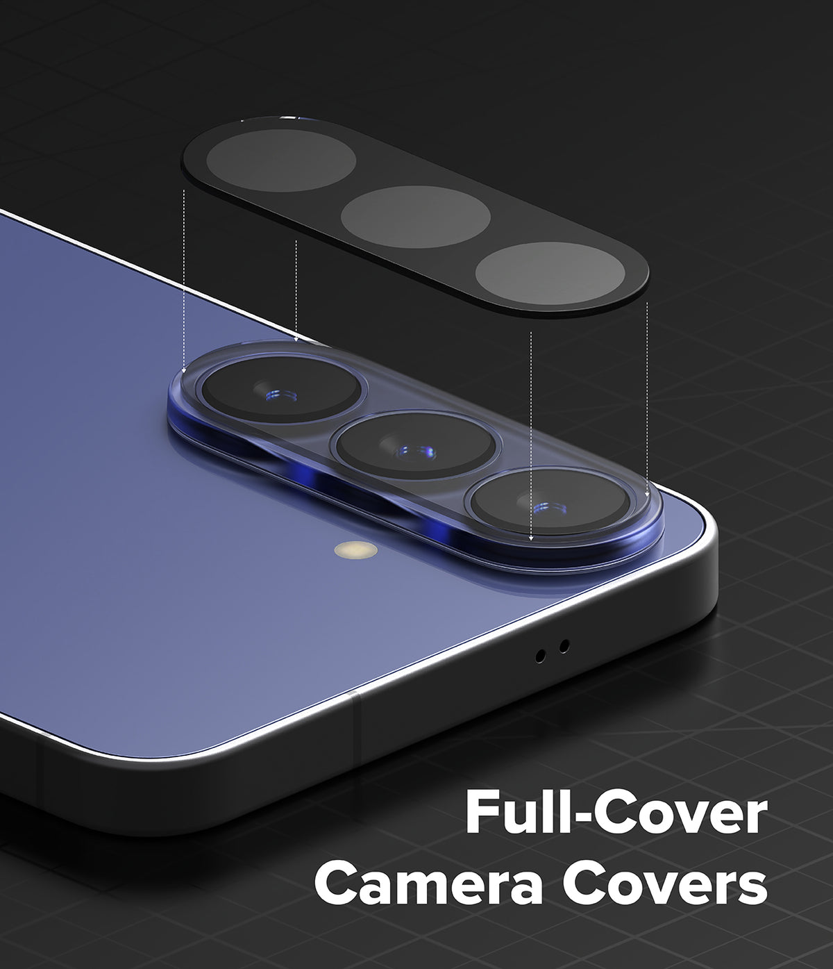 Bundle 15% Galaxy S26 FE Camera Protector | Camera Full Cover Tempered Glass all-groups - A close-up render of a smartphone showing a full-cover camera protector overlay above the rear camera module, with the text 'Full-Cover Camera Covers' on a dark background.