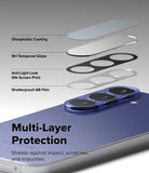 Bundle 15% Galaxy S26 FE Camera Protector | Camera Full Cover Tempered Glass all-groups - A close-up promotional graphic showing a smartphone camera lens protector assembly with layered transparent and black protective films labeled for oleophobic coating, 9H tempered glass, anti-light leak silk screen print, and shatterproof AB film. Large text reads 'Multi-Layer Protection' with a blue phone body visible in the foreground.