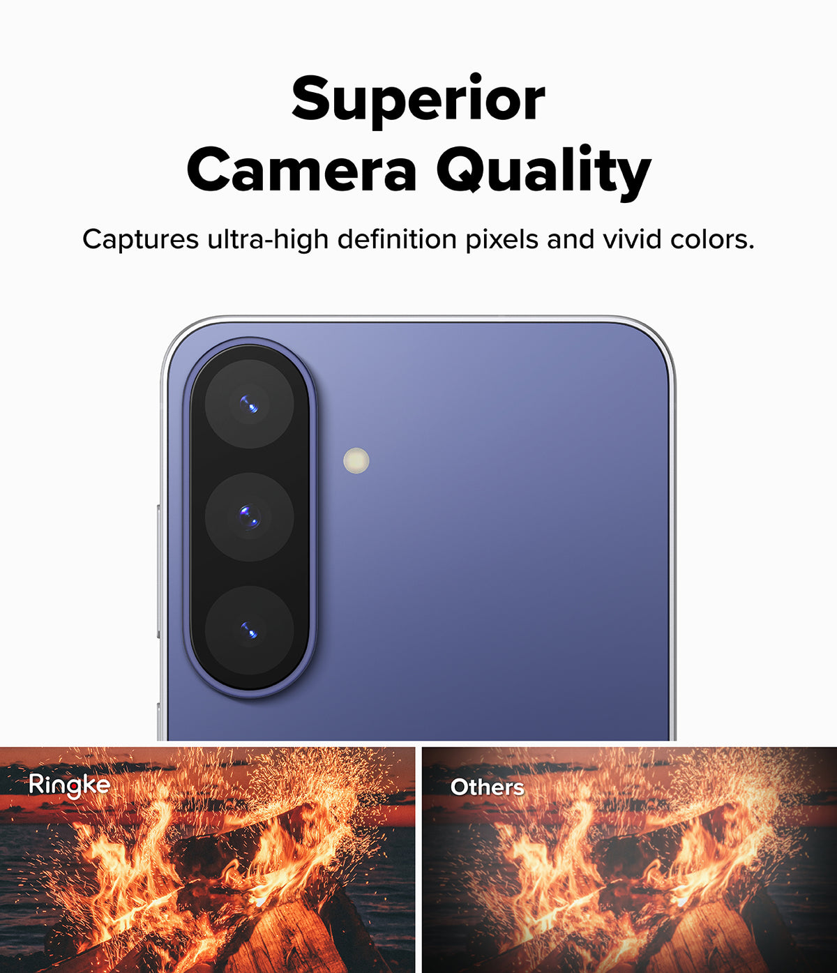 Bundle 15% Galaxy S26 FE Camera Protector | Camera Full Cover Tempered Glass all-groups - A promotional graphic for a smartphone camera feature, showing a close-up of the back of a blue-purple phone with three rear cameras and text reading 'Superior Camera Quality.' Two small sample photos at the bottom compare image quality, labeled 'Ringke' and 'Others.
