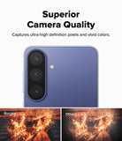 Bundle 15% Galaxy S26 FE Camera Protector | Camera Full Cover Tempered Glass all-groups - A promotional graphic for a smartphone camera feature, showing a close-up of the back of a blue-purple phone with three rear cameras and text reading 'Superior Camera Quality.' Two small sample photos at the bottom compare image quality, labeled 'Ringke' and 'Others.