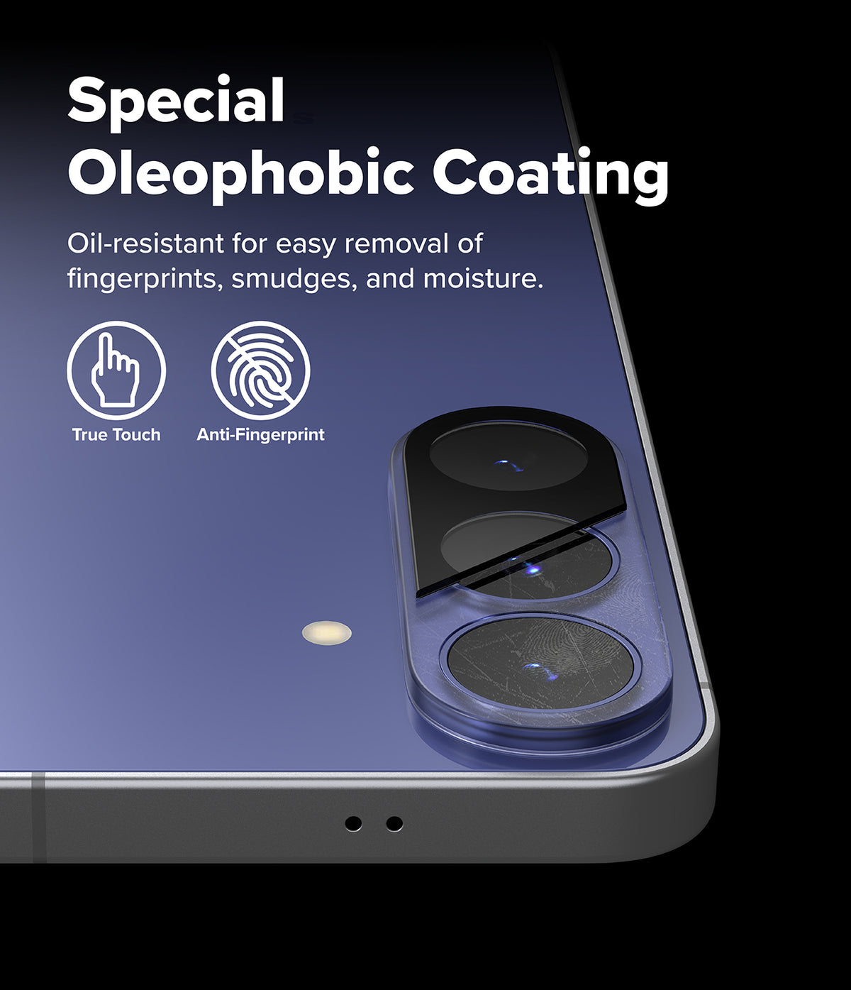Bundle 15% Galaxy S26 FE Camera Protector | Camera Full Cover Tempered Glass all-groups - Close-up of a smartphone camera area with text reading 'Special Oleophobic Coating' and icons for 'True Touch' and 'Anti-Fingerprint' on a black background.