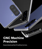 Bundle 15% Galaxy S26 FE Camera Protector | Camera Full Cover Tempered Glass all-groups - Three smartphones shown at an angle on a black background, with large camera cutouts and a blue-purple back panel. White text reads 'CNC Machine Precision' and 'Guaranteed perfect fit without errors.