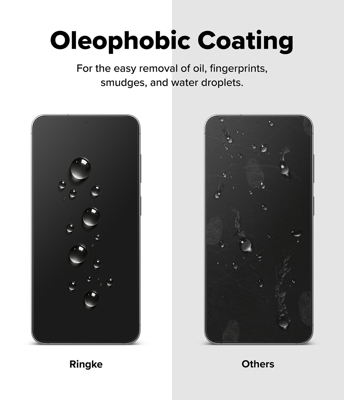 Bundle 15% Galaxy S26 FE Screen Protector | Easy Slide Tempered Glass all-groups - Promotional graphic for oleophobic coating on a smartphone screen, showing two black phone mockups side by side with water droplets. The left phone is labeled 'Ringke' and shows water droplets rolling off easily, while the right phone is labeled 'Others' and shows water droplets staying on the surface.