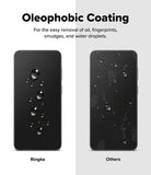 Bundle 15% Galaxy S26 FE Screen Protector | Easy Slide Tempered Glass all-groups - Promotional graphic for oleophobic coating on a smartphone screen, showing two black phone mockups side by side with water droplets. The left phone is labeled 'Ringke' and shows water droplets rolling off easily, while the right phone is labeled 'Others' and shows water droplets staying on the surface.