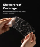 Bundle 15% Galaxy S26 FE Screen Protector | Easy Slide Tempered Glass all-groups - Hands holding a transparent, crack-resistant film over a black background, with white text reading 'Shatterproof Coverage' and a smaller explanatory subtitle about minimizing glass shard scattering.