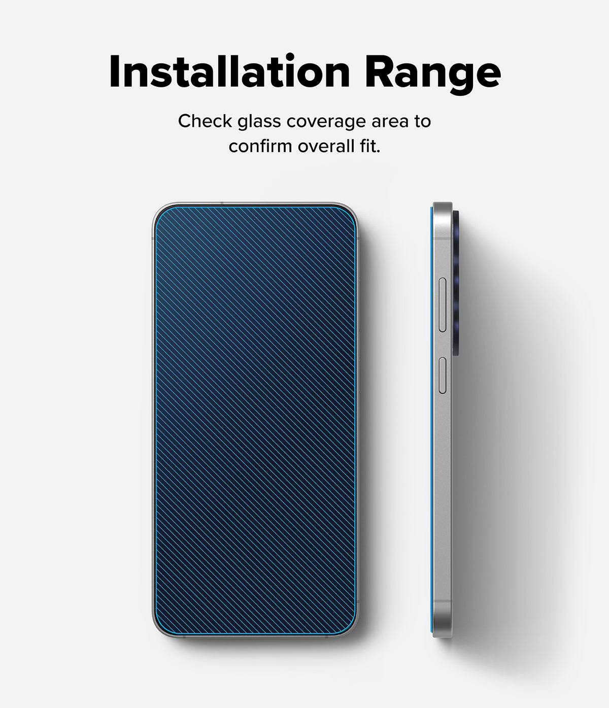 Galaxy S26 FE Screen Protector | Easy Slide Tempered Glass (2P) - A dark blue phone case with a carbon fiber texture shown from the back and side, with text reading 'Installation Range' above it on a light gray background.