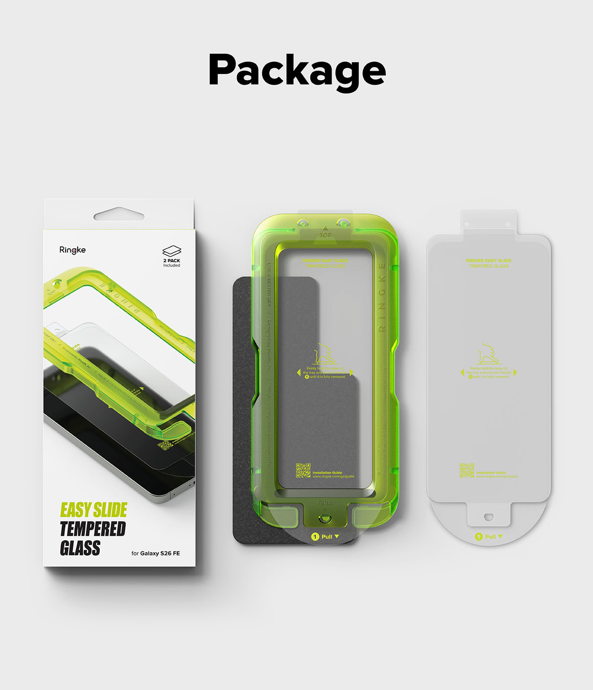 Galaxy S26 FE Screen Protector | Easy Slide Tempered Glass (2P) - Ringke Galaxy S24 Easy Slide tempered glass screen protector package set, featuring the retail box, a bright green protective sleeve, and the clear screen protector on a light gray background with the word 'Package' at the top.