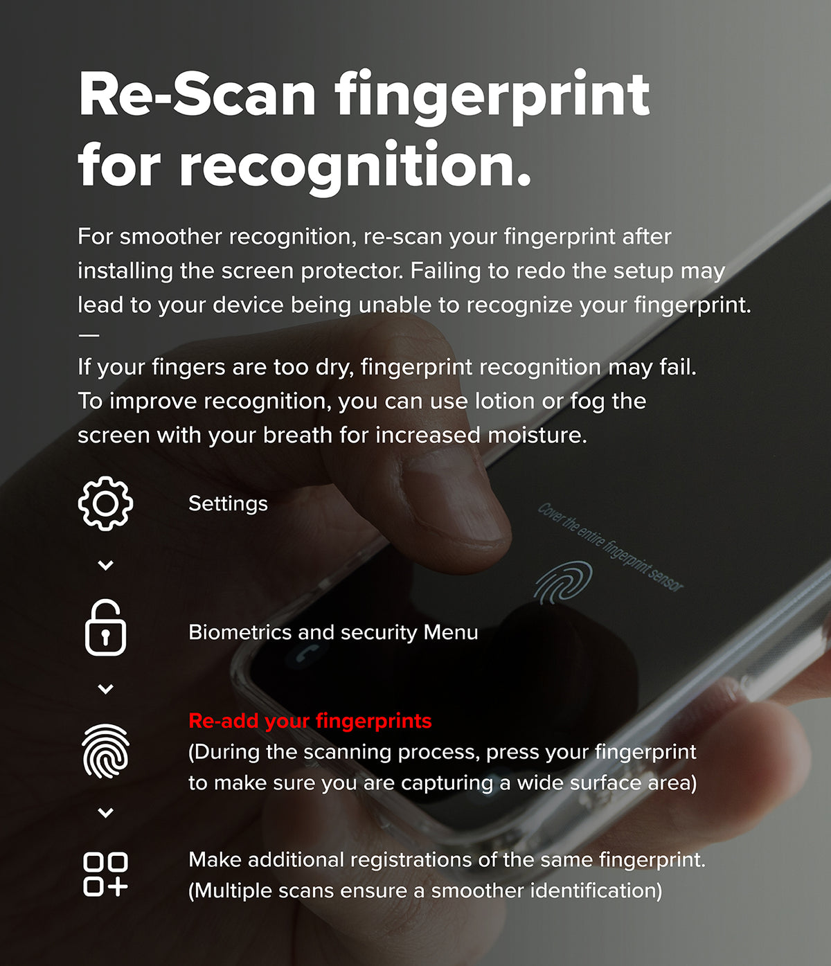Galaxy S26 FE Screen Protector | Easy Slide Tempered Glass (2P) - Instructional graphic with text explaining how to re-scan a fingerprint for better recognition, alongside a hand holding a smartphone showing the fingerprint scanner area and a sequence of icons for Settings, Biometrics and security Menu, Re-add your fingerprints, and additional registrations.