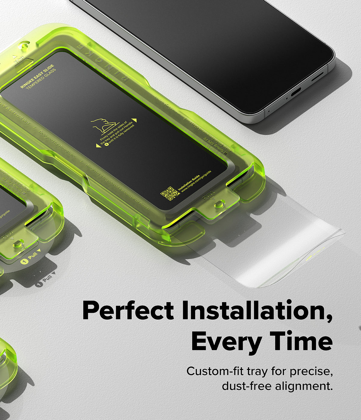 Bundle 15% Galaxy S26 FE Screen Protector | Easy Slide Tempered Glass all-groups - A close-up promotional shot of a bright translucent neon green phone screen protector tray being used to place a clear screen protector onto a smartphone. The image includes marketing text that reads 'Perfect Installation, Every Time' and 'Custom-fit tray for precise, dust-free alignment.