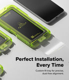 Bundle 15% Galaxy S26 FE Screen Protector | Easy Slide Tempered Glass all-groups - A close-up promotional shot of a bright translucent neon green phone screen protector tray being used to place a clear screen protector onto a smartphone. The image includes marketing text that reads 'Perfect Installation, Every Time' and 'Custom-fit tray for precise, dust-free alignment.