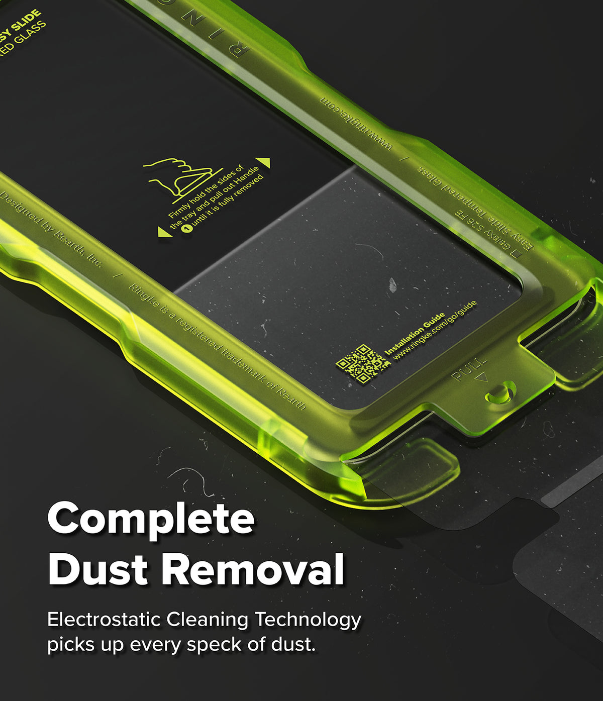 Galaxy S26 FE Screen Protector | Easy Slide Tempered Glass (2P) - Close-up of a translucent neon green protective film or case layer applied over a black rectangular panel, with marketing text reading 'Complete Dust Removal' and 'Electrostatic Cleaning Technology picks up every speck of dust.' on a dark background.