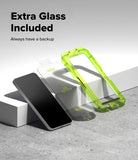 Galaxy S26 FE Screen Protector | Easy Slide Tempered Glass (2P) - A smartphone shown with two transparent screen protectors, one lying flat and one standing upright in a bright translucent green frame. Large text at the top reads 'Extra Glass Included' and 'Always have a backup' on a clean white-to-gray studio background.