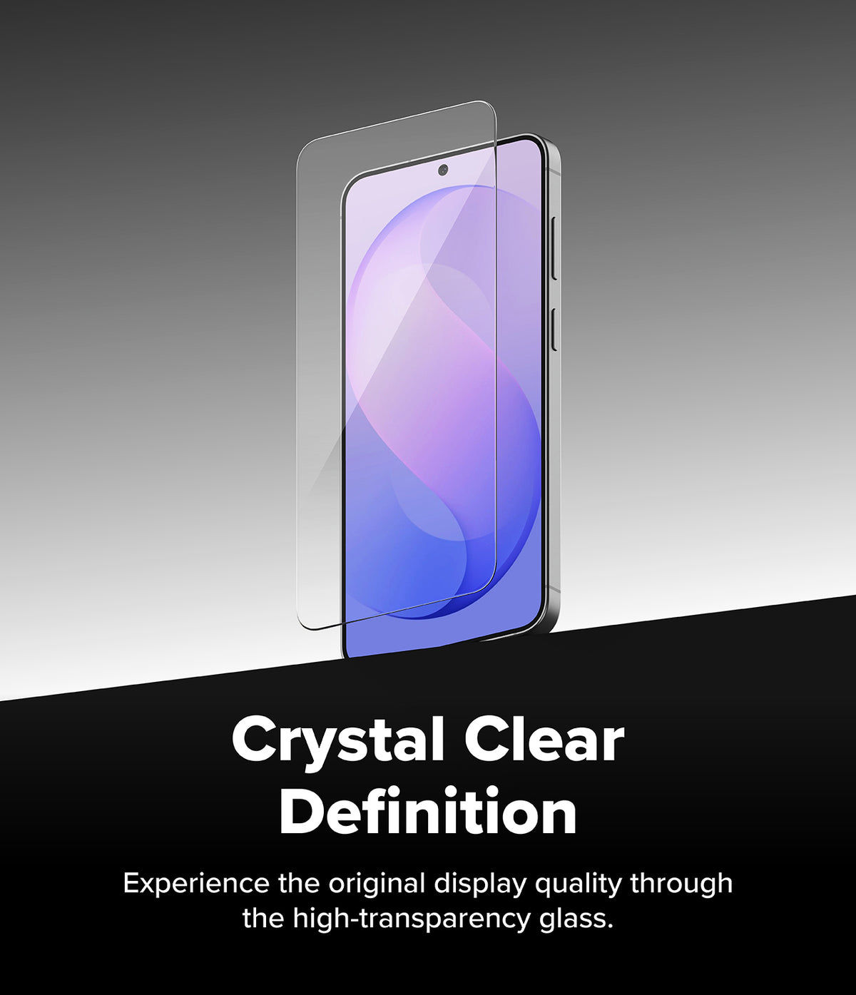 Galaxy S26 FE Screen Protector | Easy Slide Tempered Glass (2P) - A clear smartphone screen protector shown floating over a phone on a gray-to-black gradient background, with the text 'Crystal Clear Definition' and a smaller supporting slogan below.