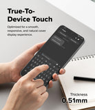 Galaxy S26 FE Screen Protector | Easy Slide Tempered Glass (2P) - A hand holds a smartphone showing a keyboard cover overlay, with text reading 'True-To-Device Touch' and 'Thickness 0.51mm' on a light desk background with an open notebook and pen.