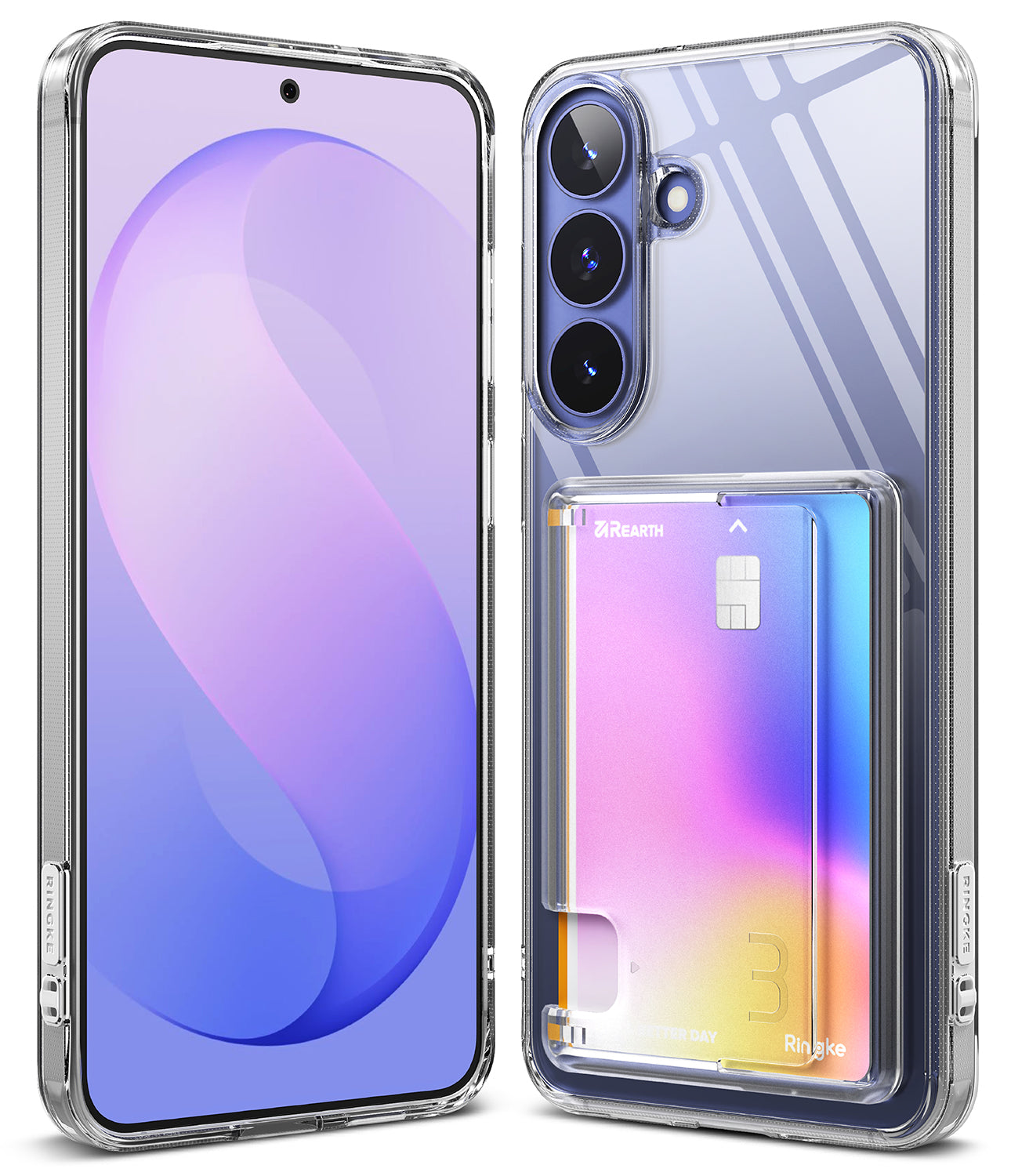 Galaxy S26 FE Case | Fusion Card - A clear smartphone case shown from the front and back. The back view includes a built-in card slot holding an iridescent card, and the case is transparent with a silver-toned bumper edge.