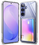 Galaxy S26 FE Case | Fusion Card - A clear smartphone case shown from the front and back. The back view includes a built-in card slot holding an iridescent card, and the case is transparent with a silver-toned bumper edge.