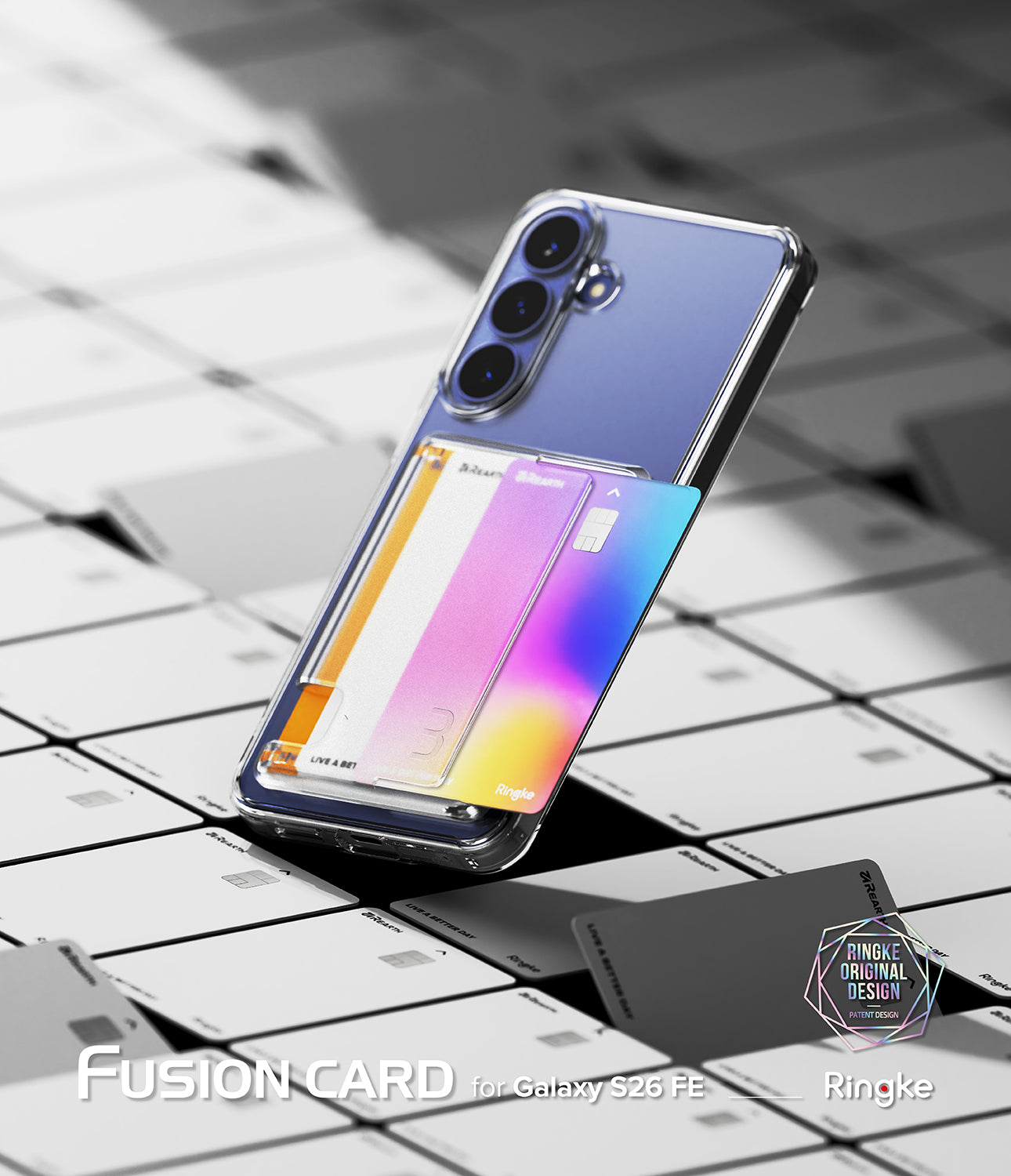 Galaxy S26 FE Case | Fusion Card - A clear phone case with an integrated holographic fusion card holder, shown on a Samsung Galaxy S24 FE. The case features a transparent back with a built-in card slot displaying a colorful gradient card.