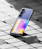 Galaxy S26 FE Case | Fusion Card - A clear phone case with an integrated holographic fusion card holder, shown on a Samsung Galaxy S24 FE. The case features a transparent back with a built-in card slot displaying a colorful gradient card.