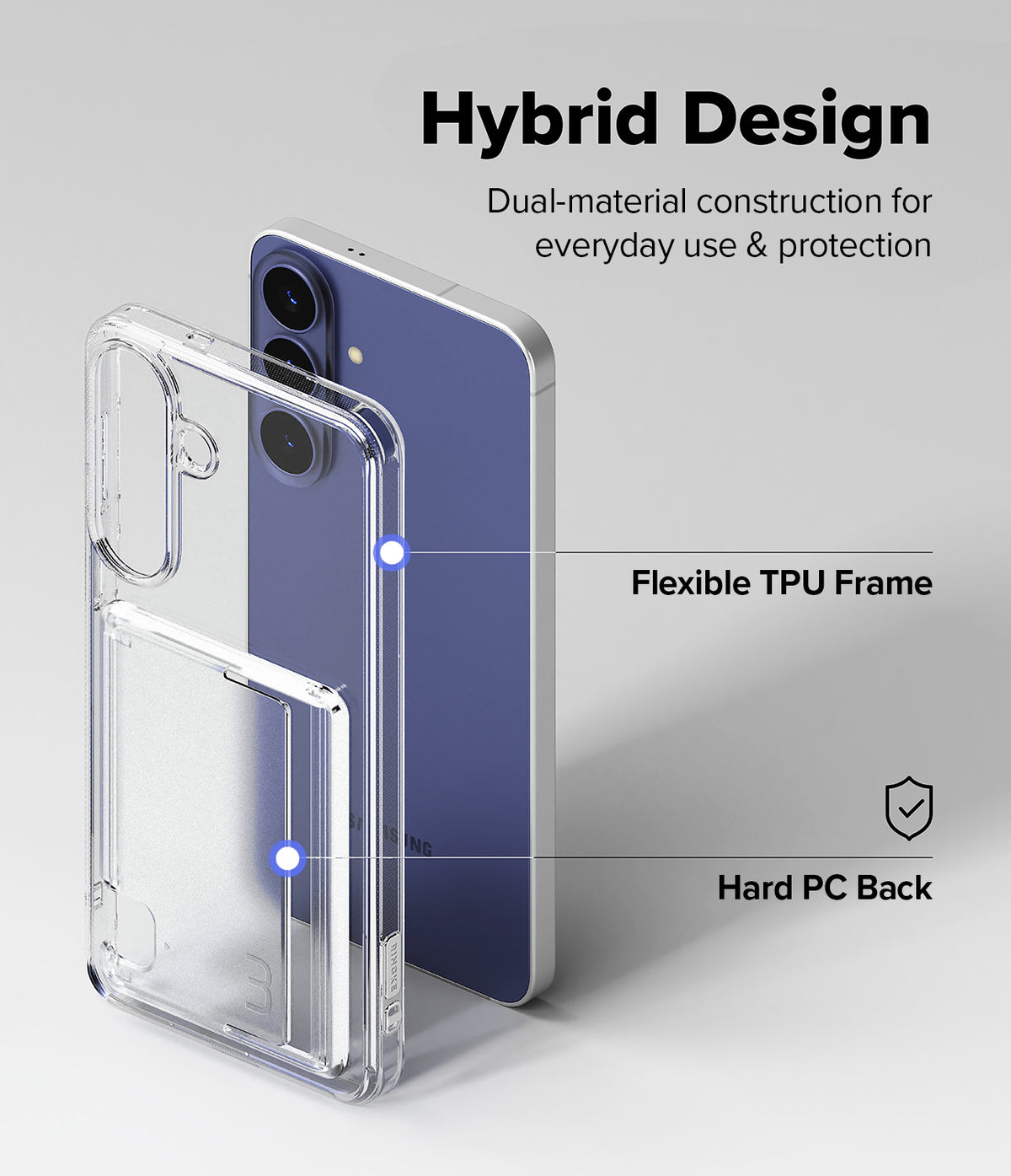 Galaxy S26 FE Case | Fusion Card - Clear hybrid phone case with a blue smartphone shown behind it on a light gray background, with text reading 'Hybrid Design' and callouts for 'Flexible TPU Frame' and 'Hard PC Back'.